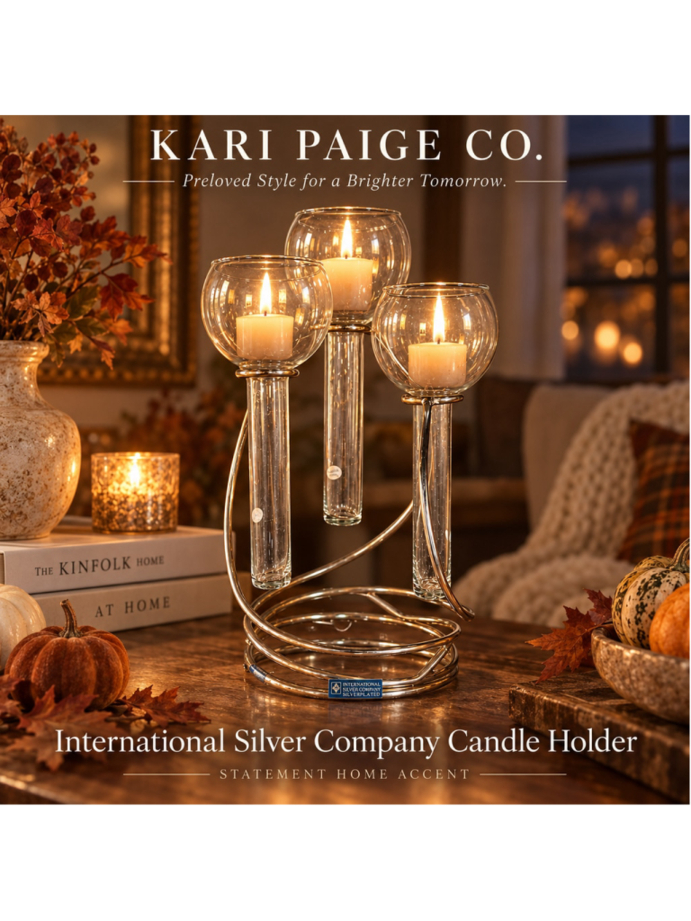 Vintage International Silver Company Silverplate Triple Glass Candle Holder Stat